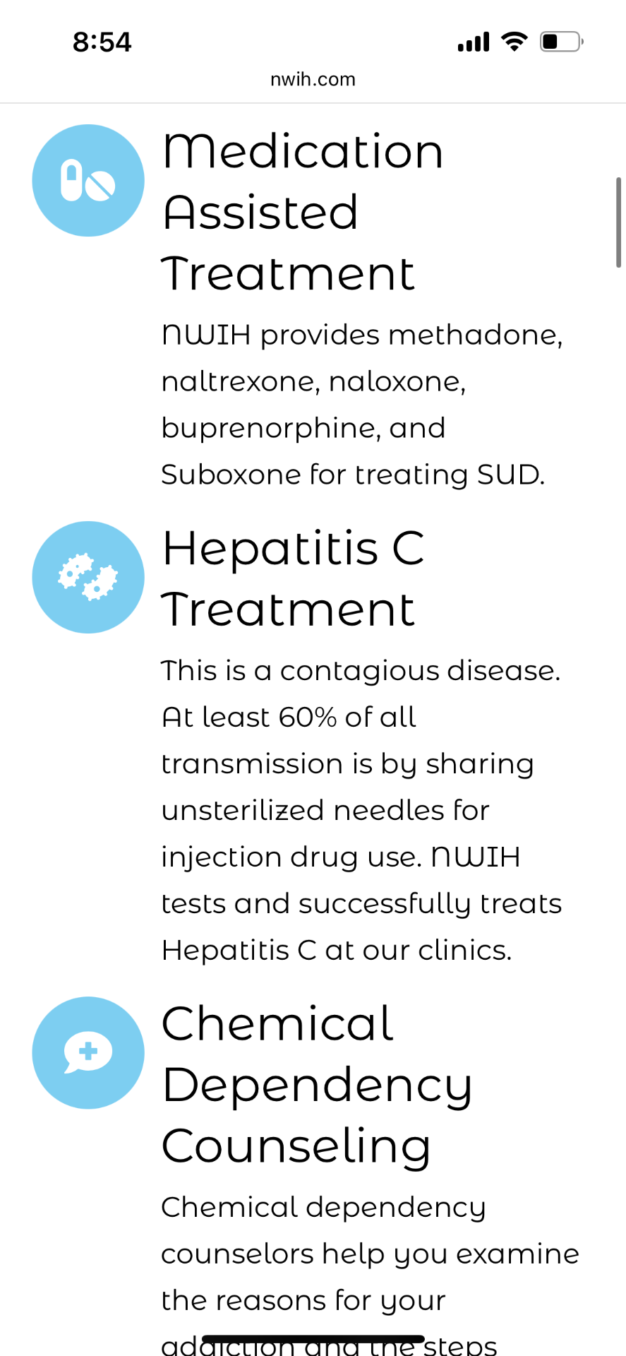 Old NWIH services page — dense clinical wording for each service.