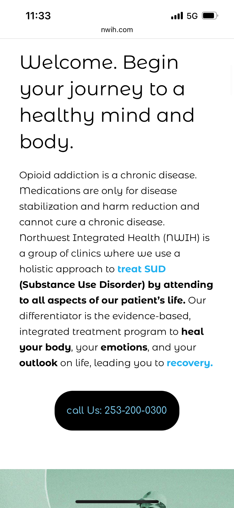 Old NWIH home page scrolled — "Begin your journey to a healthy mind and body."