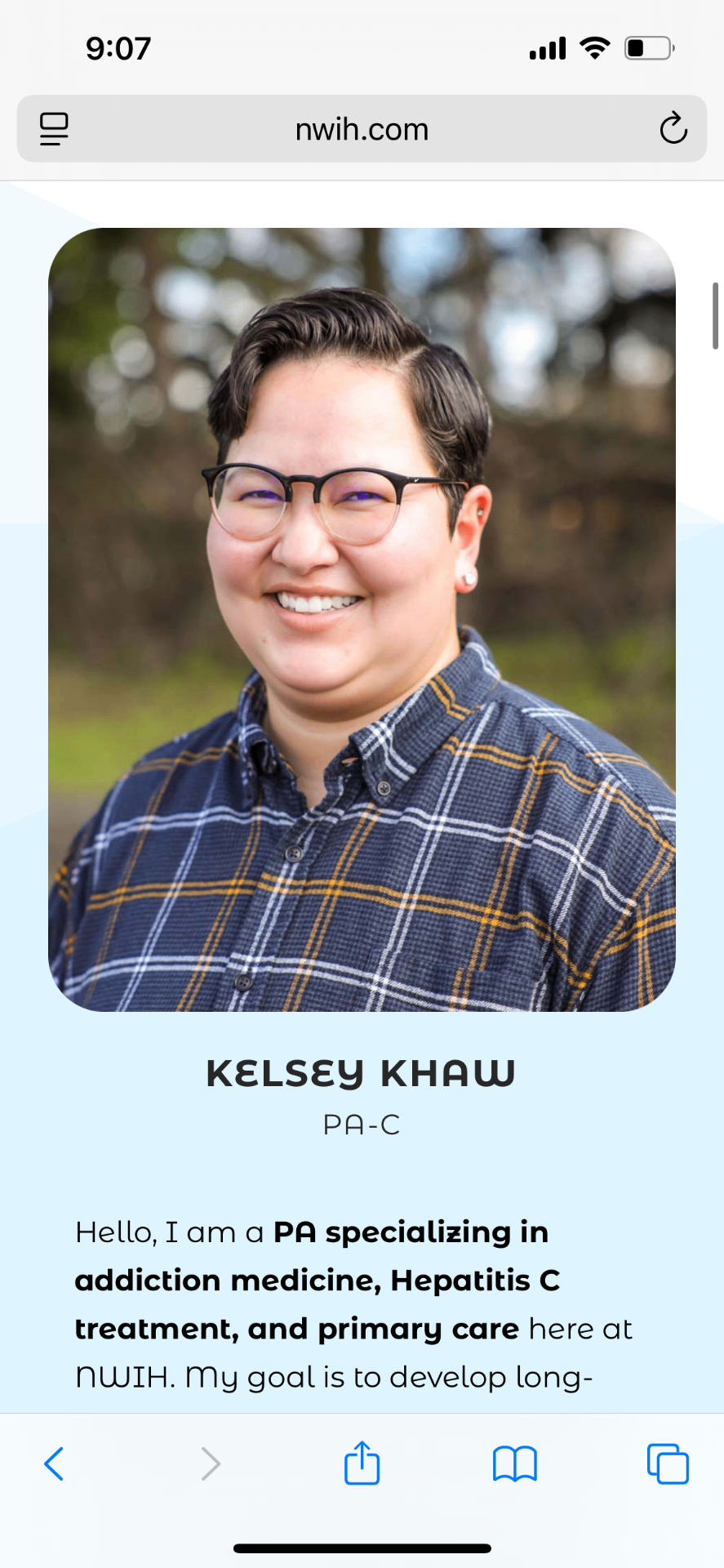 Old NWIH provider profile — Kelsey Khaw, PA-C, only reachable after digging through menus.