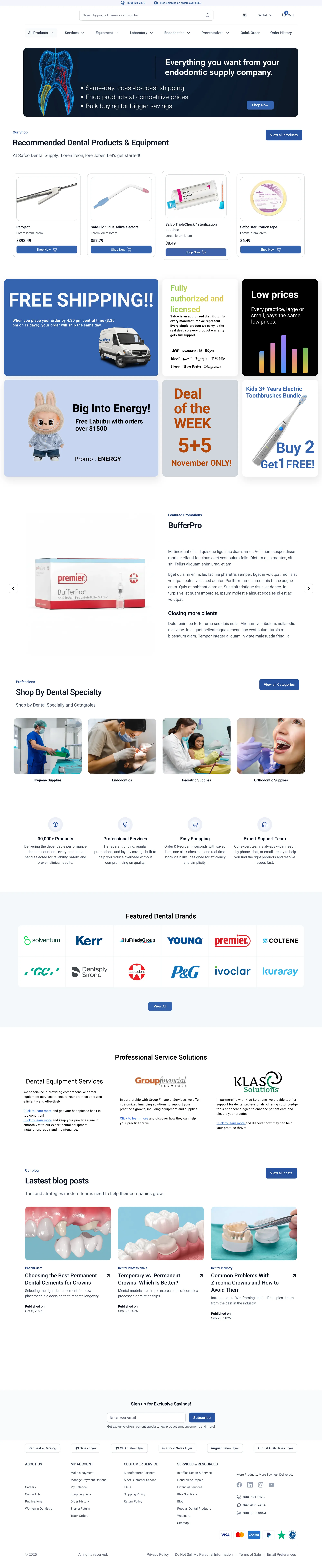 Dental supply platform home page and blog.