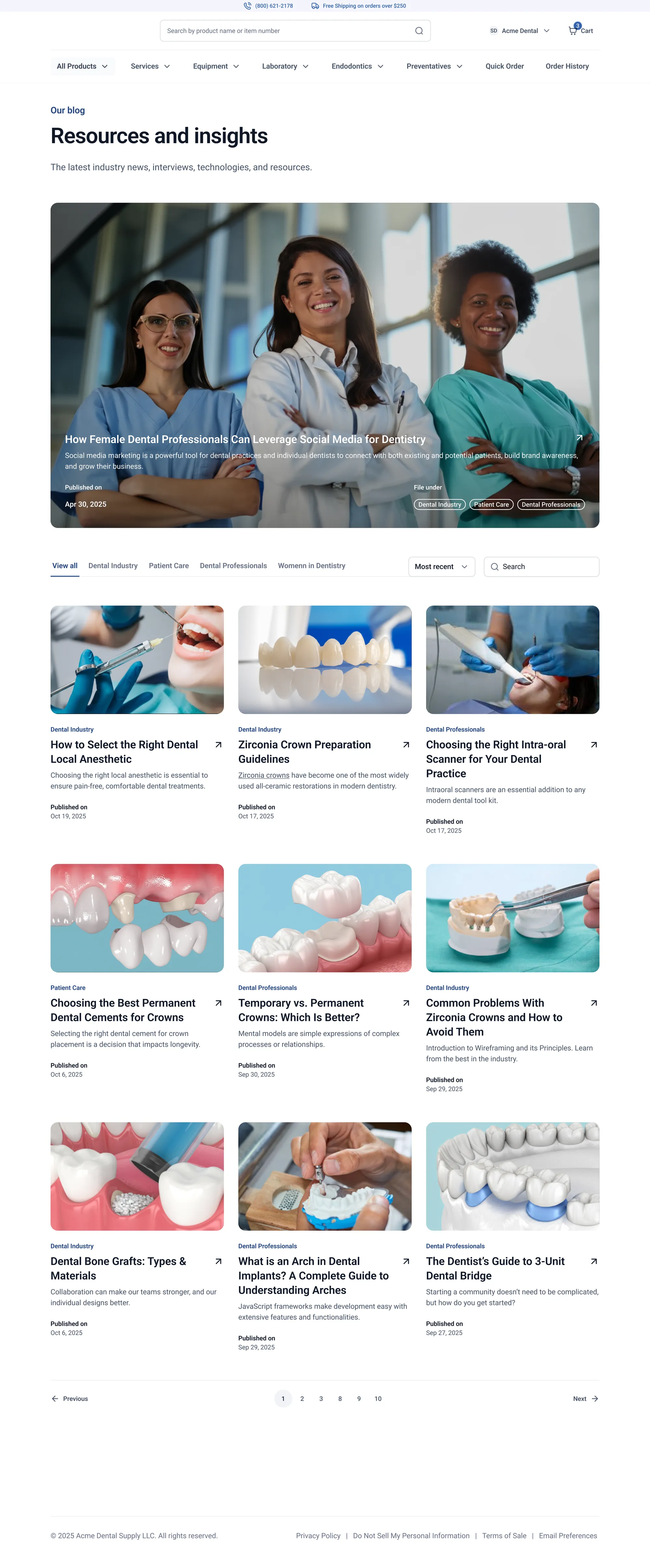Dental supply platform homepage and blog — the platform I worked on during my internship at VisionX.