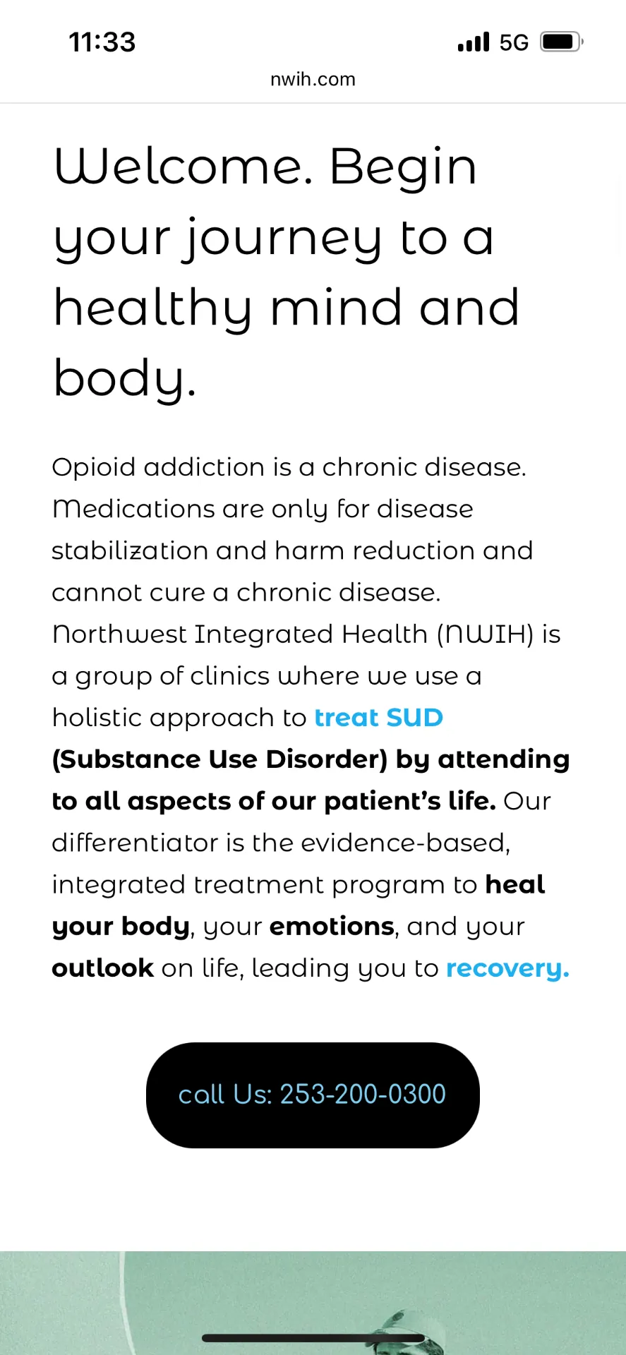 Old NWIH home page scrolled — "Begin your journey to a healthy mind and body."