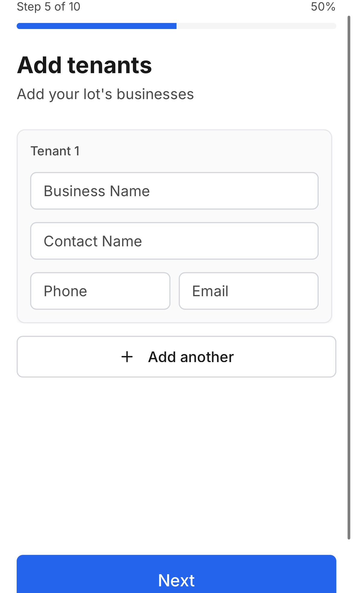 [ADD TENANTS — Step 5 of 10]